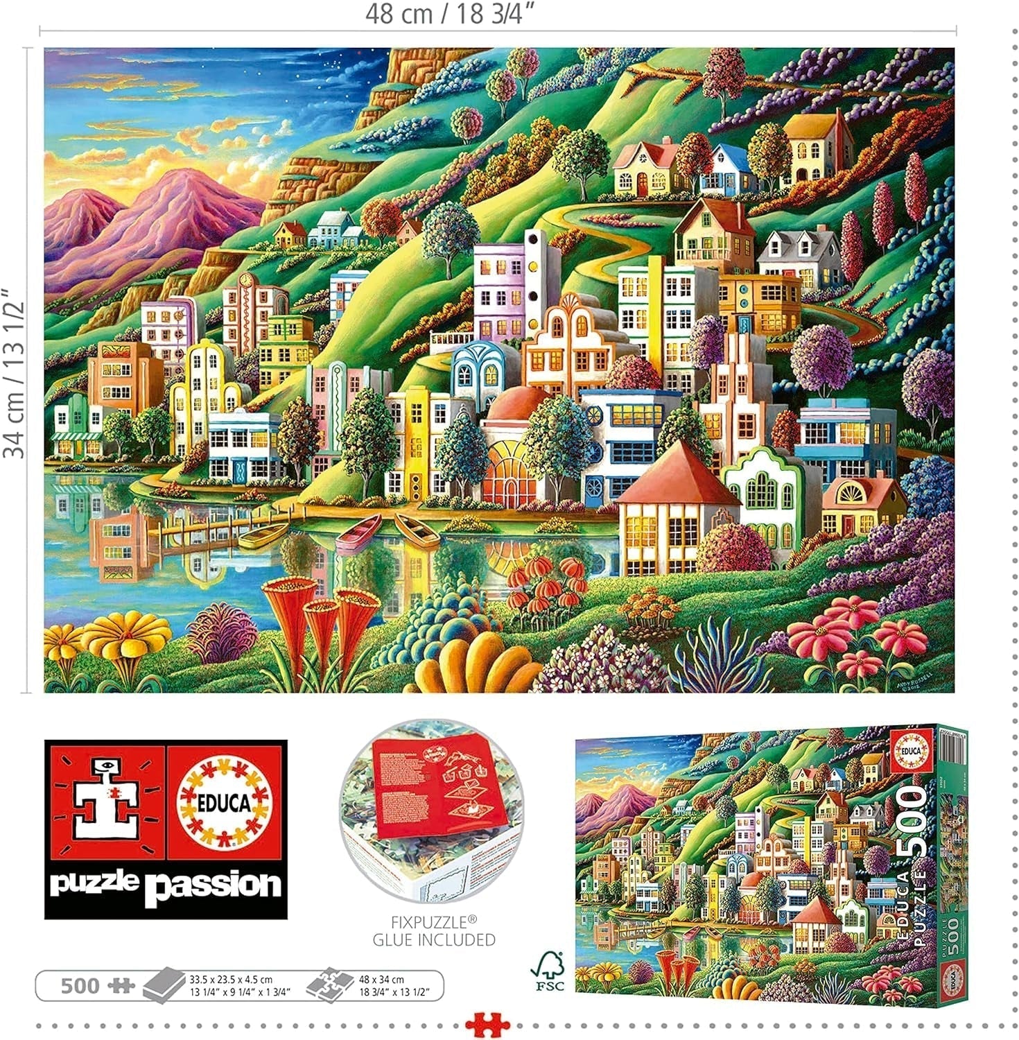 Educa - Puzzle 500 pièces pour adultes | Village coloré au bord du lac, puzzle 500 pièces pour adultes et enfants à partir de 11 ans, puzzle paysage, illustration (19552) Puzzle Naty Shop