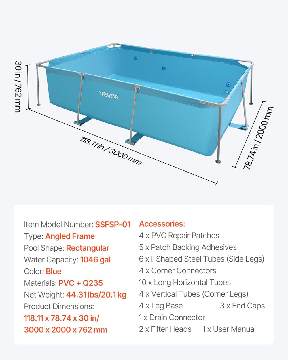 Piscine à cadre VEVOR Piscine hors sol 3000x2000x762mm Piscine à cadre en acier Piscine rectangulaire à cadre en acier Piscine à cadre de jardin Capacité d'eau de 3960L Piscine de jardin pour 4-5 personnes Bleu