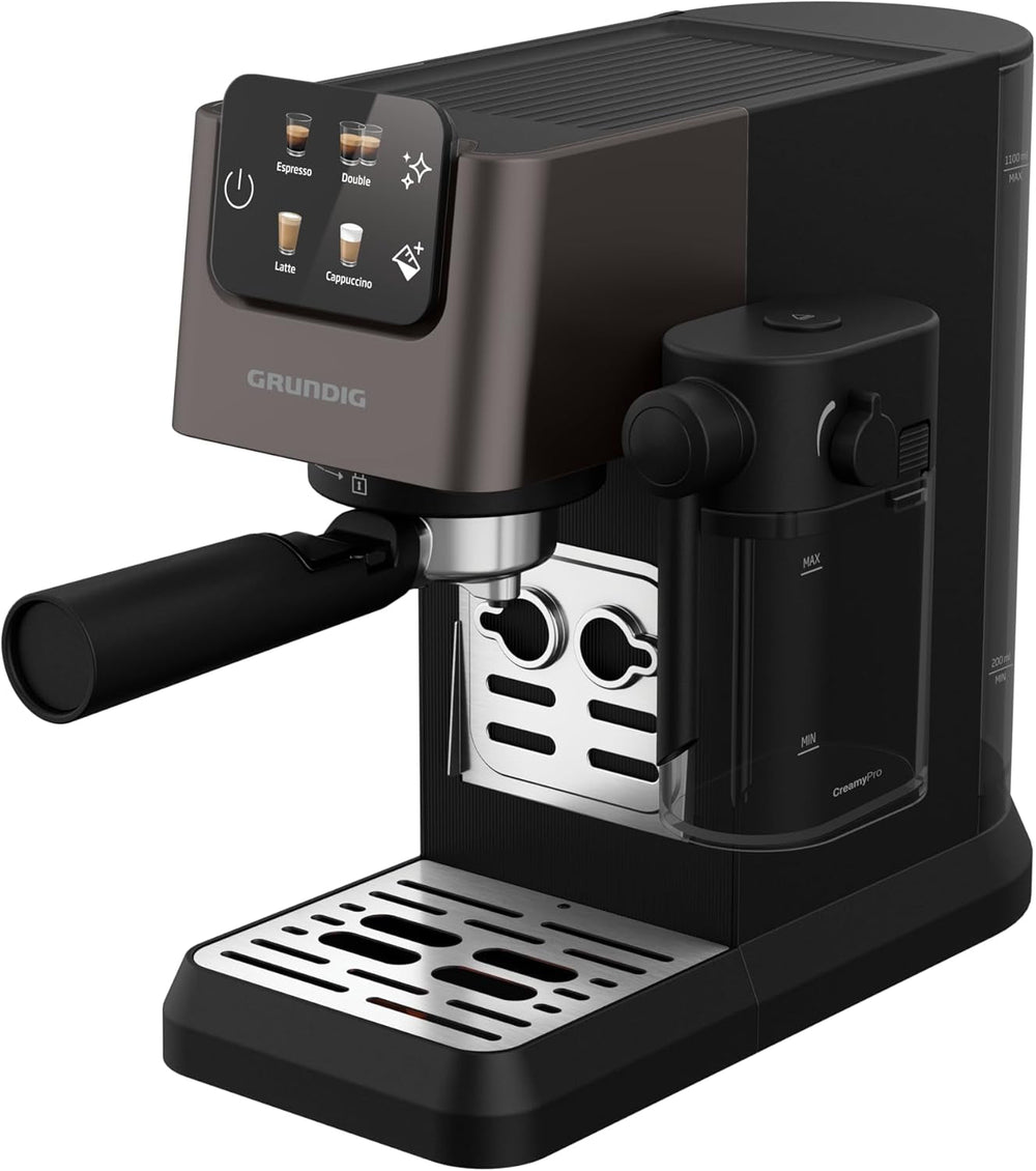 Espressor portafilter GRUNDIG KSM 5330 cu recipient de lapte integrat, putere 1628 W, presiune pompă 15 bar, duză dublă, afișaj tactil color, BrewSense, CreamyPro, Inox închis/Negru