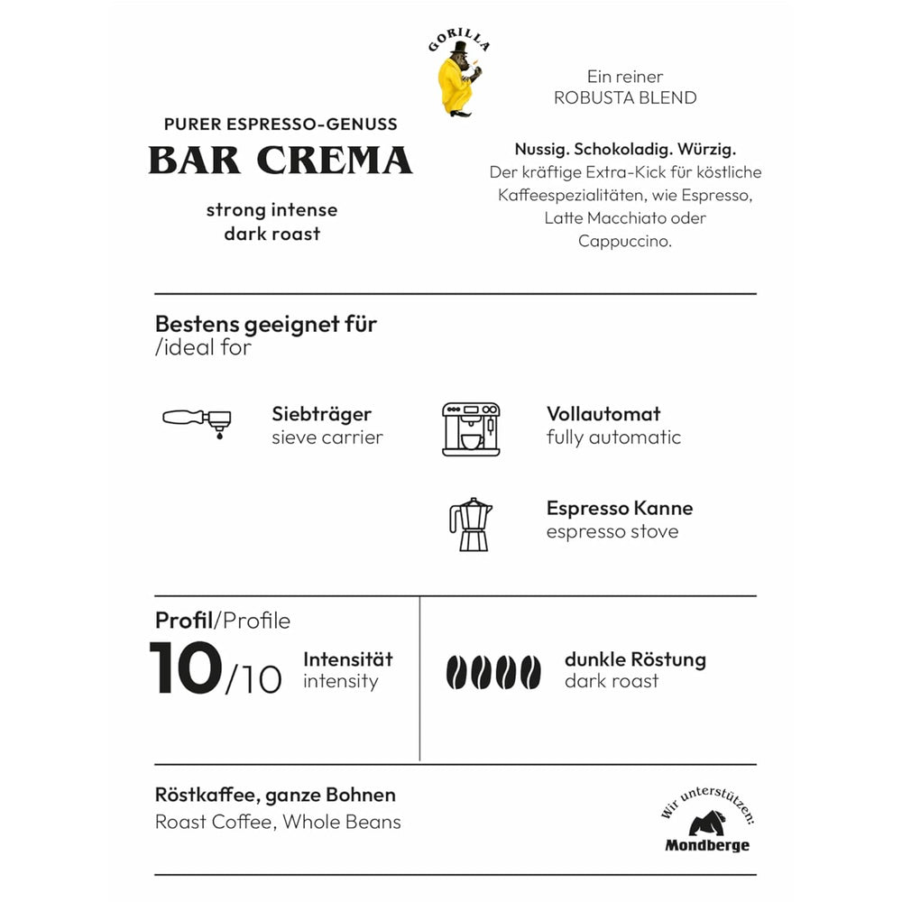 Grains de café Gorilla Espresso Bar Crema - 12 paquets de 1000 g chacun
