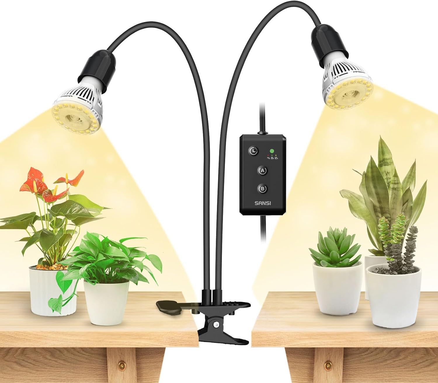 SANSI Lampe de culture LED pour plantes d'intérieur, 2 têtes, spectre complet, 10 W (équivalent 150 W), minuterie de 4/8/12 heures, lampe hydroponique suspendue pour serre de plantes d'intérieur