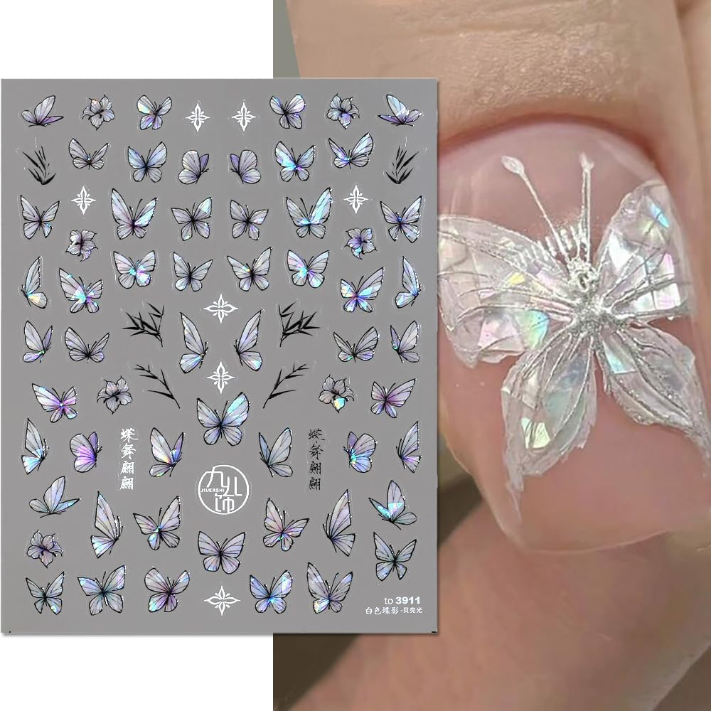 2 Blätter Schmetterling Nagelsticker Selbstklebend,Muschel Glitzer Nail Art Butterfly Nail Sticker Lila Grau Schmetterlinge Nagelaufkleber Relief Laser Papillons Nagel Sticker Nageldesign Zubehör