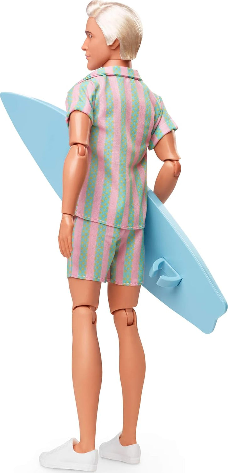 Barbie Movie Ken Barbie Doll en vêtements de plage rayés rose pastel et vert, planche de surf et baskets blanches, JBJ54