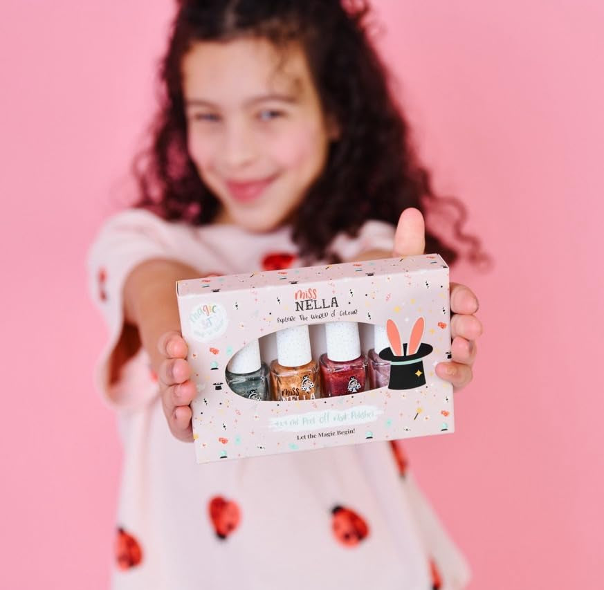 Set de ojă cu sclipici Miss Nella Magic Collection, 4 piese: roz, roșu, auriu și albastru, ojă detașabilă specială pentru copii, non-toxică, pe bază de apă și inodoră