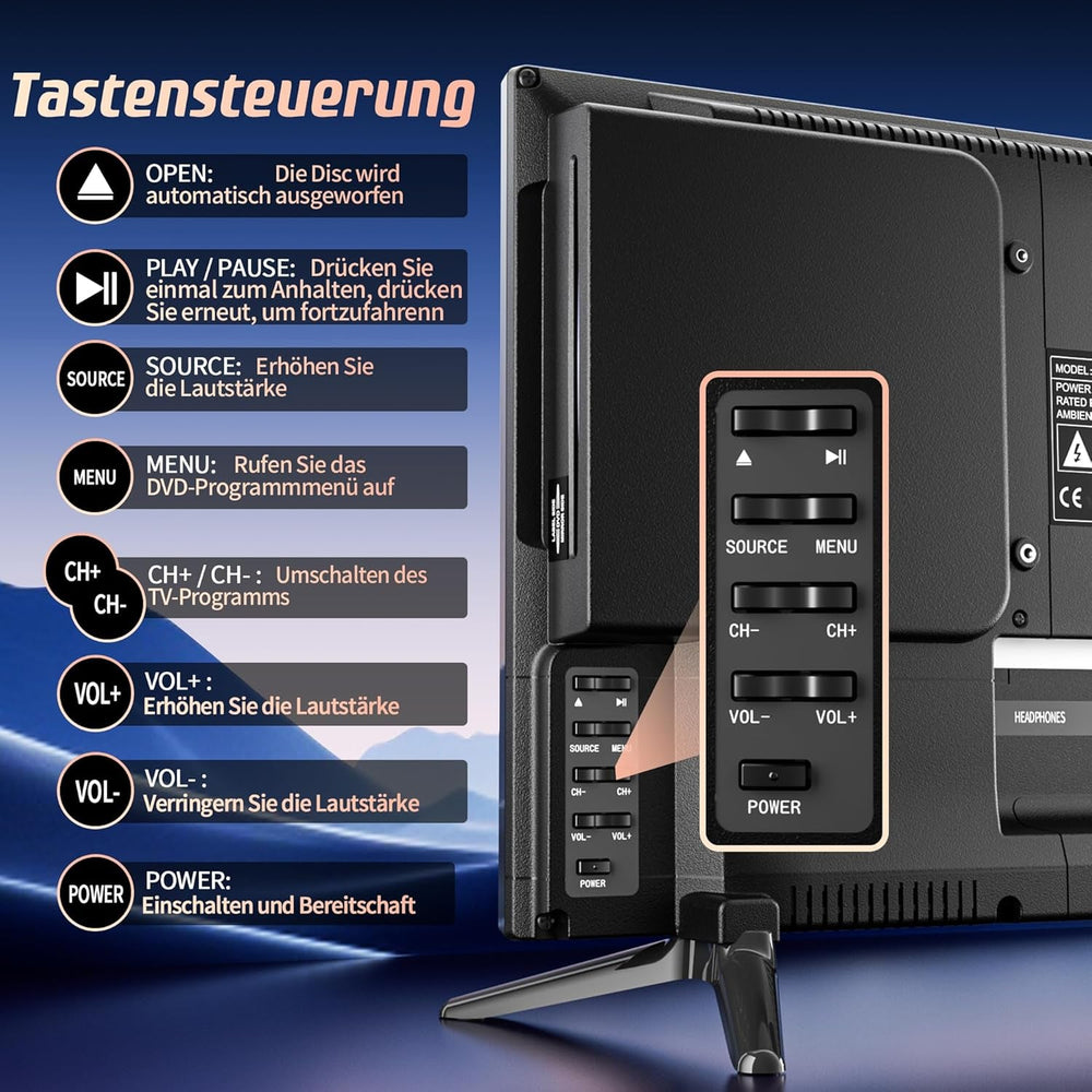 DESOBRY Televizor mic de 19 inch cu DVD player integrat, televizor exterior 1080P, suportă antenă, HDMI, USB, intrare AV, televizor de 12V pentru autorulote/camping/caravană