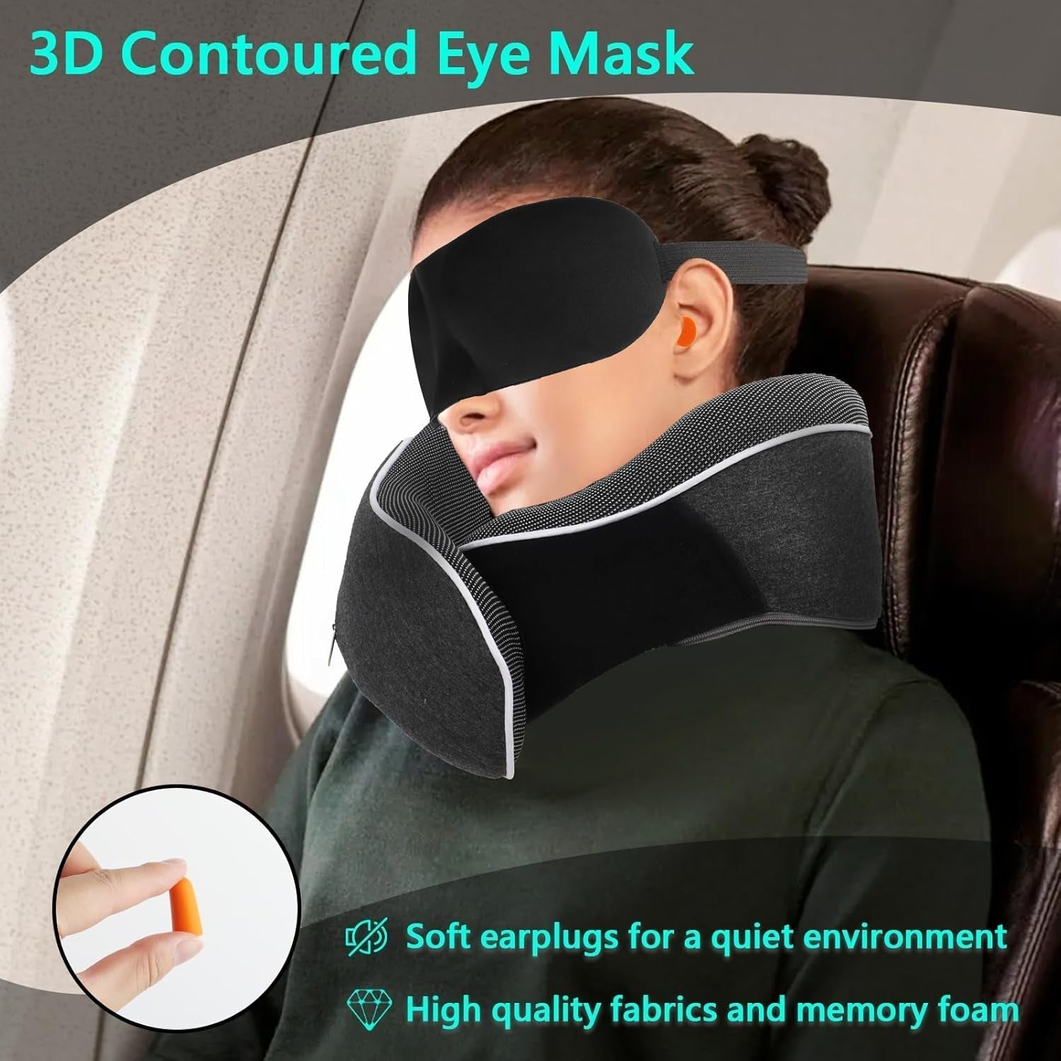 KILDOWS Oreiller Cervical Avion, Oreiller de Voyage en Mousse à Mémoire de Forme, Oreiller de Voyage Avion avec Masque pour les Yeux et Bouchons d'Oreilles, Oreiller Cervical Orthopédique, Idéal pour Voyager en Avion, Voiture, Train Oreillers Cervicaux Orthopédiques Naty Shop