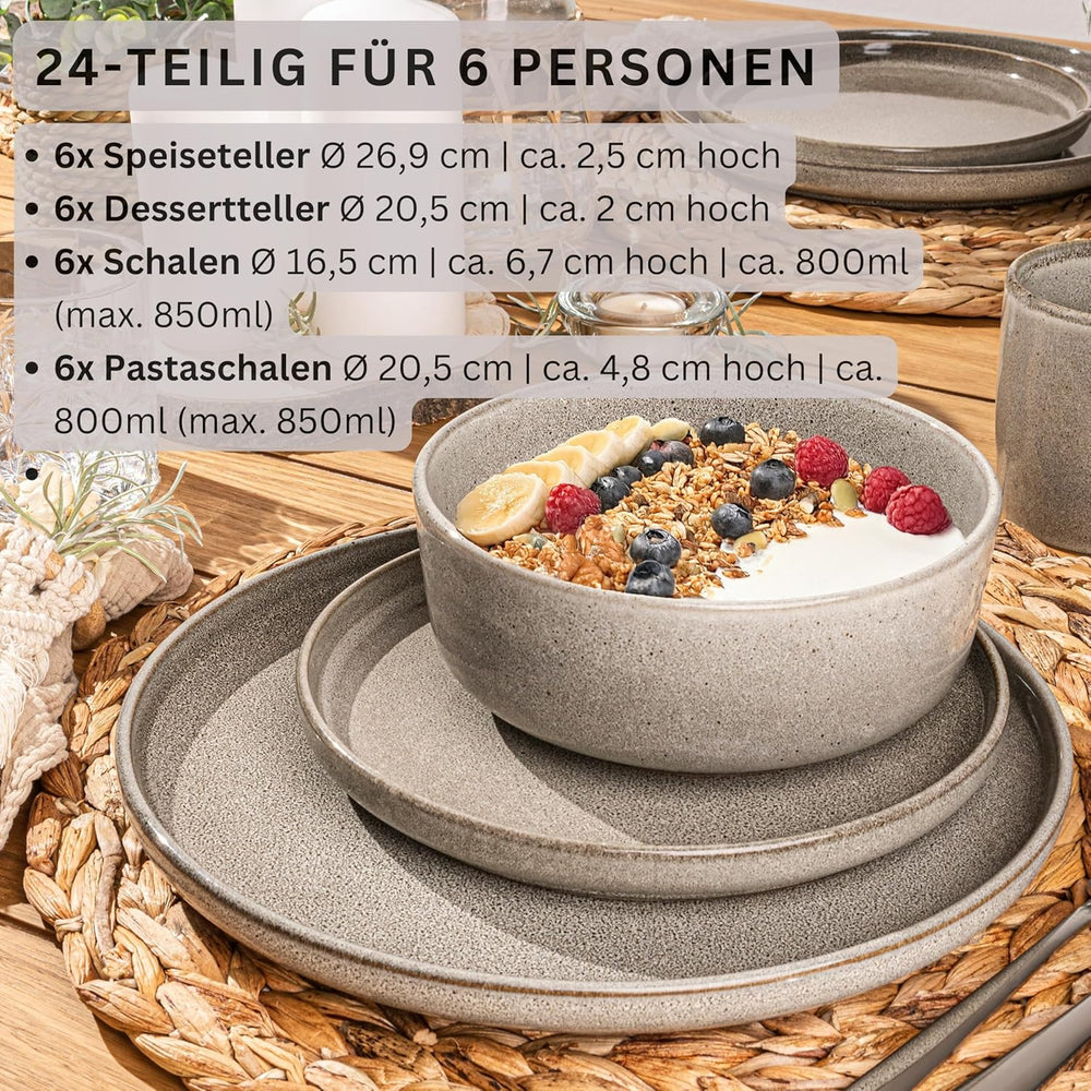SÄNGER Argile du Caire | Service de table 24 pièces, service de table en grès pour 6 personnes, 6 assiettes, 6 assiettes à dessert, 6 bols à pâtes, 6 bols de service, service de table gris | LA COLLECTION VALEUR
