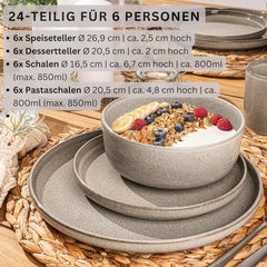 SÄNGER Argile du Caire | Service de table 24 pièces, service de table en grès pour 6 personnes, 6 assiettes, 6 assiettes à dessert, 6 bols à pâtes, 6 bols de service, service de table gris | LA COLLECTION VALEUR
