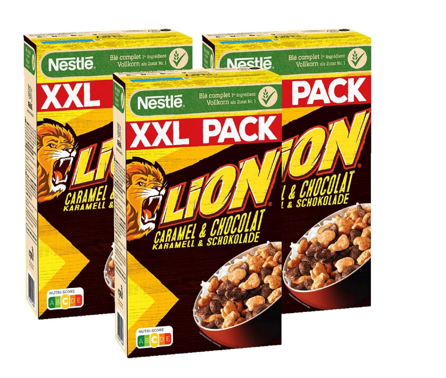 Céréales NESTLE LION, Céréales chocolatées au caramel et farine complète 41%, coffret 3 x 1 Kg Céréales Naty Shop