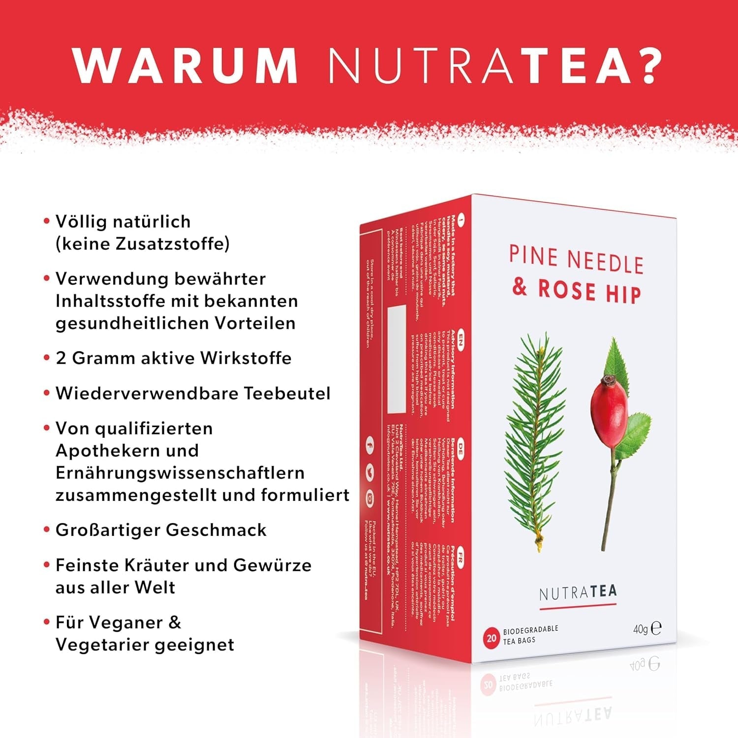 Nutra Tea Rose Musquée & Aiguilles de Pin, le thé aux aiguilles de pin contribue à renforcer le système immunitaire naturel du corps, à maintenir la fonction des reins et de la vessie, 20 sachets de thé réutilisables, thé à la rose musquée