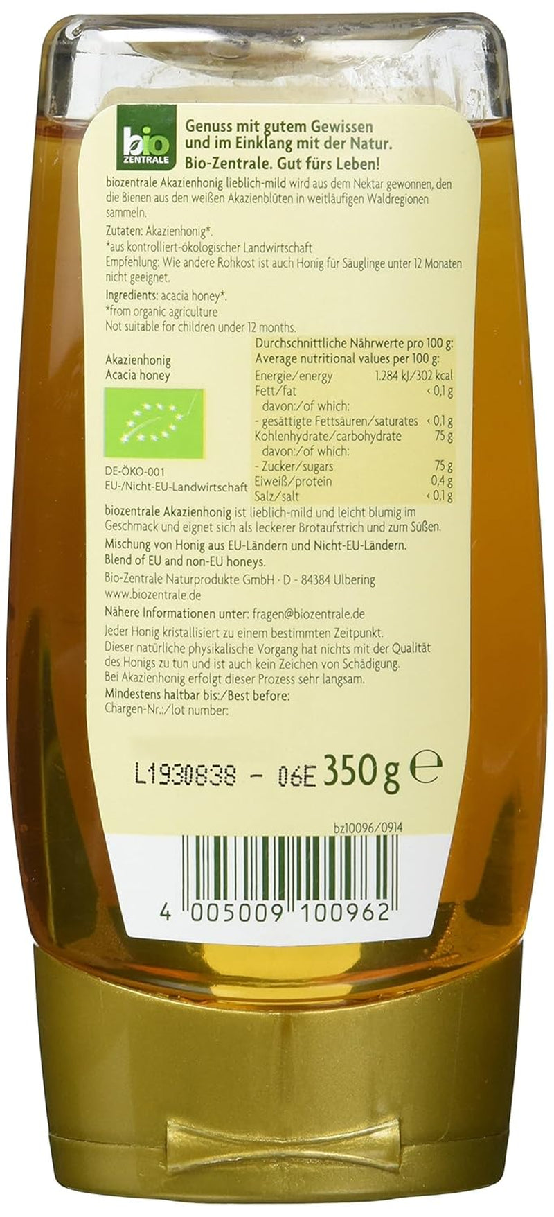 Biozentrale Miere de salcâm bio | 350 g Miere bio din flori albe de salcâm | Ideală ca tartină Miere bio pentru ceai | Alternativă la mierea din fagure (pachet cu 2)