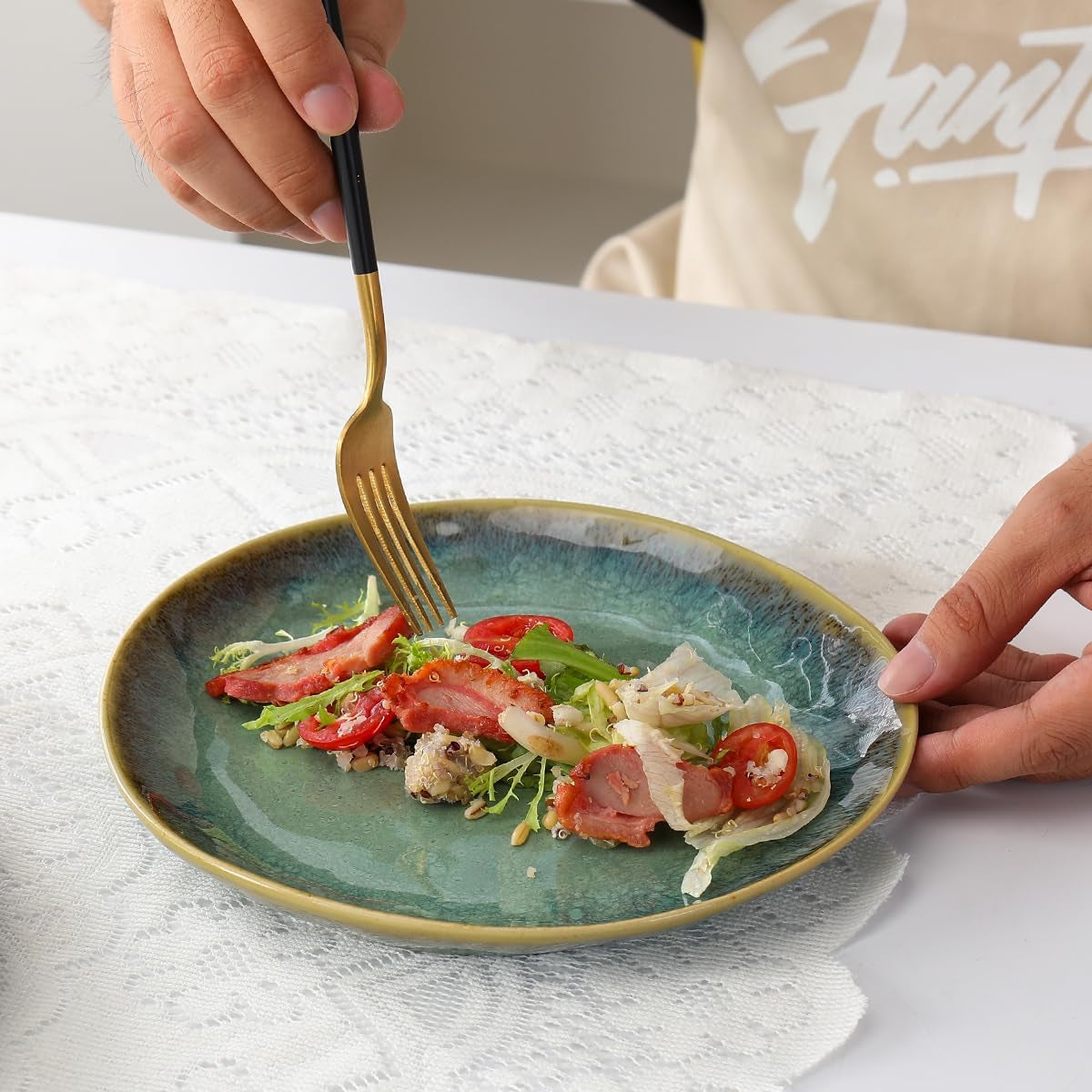 Henten Home Assiettes spéciales en grès, bols à snack et à sauce - 20x17cm pour 4 personnes, assiettes petit-déjeuner en porcelaine - design vert moderne