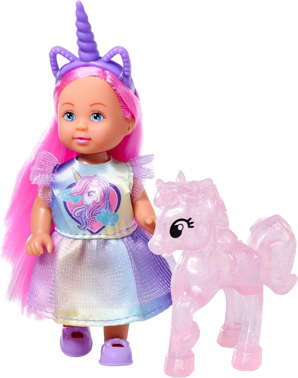 Simba Evi Love Unicorn Play Doll portant une jolie robe licorne avec un bandeau assorti, comprenant une licorne avec une écurie, des pommes et une gourde, 12 cm, à partir de 3 ans