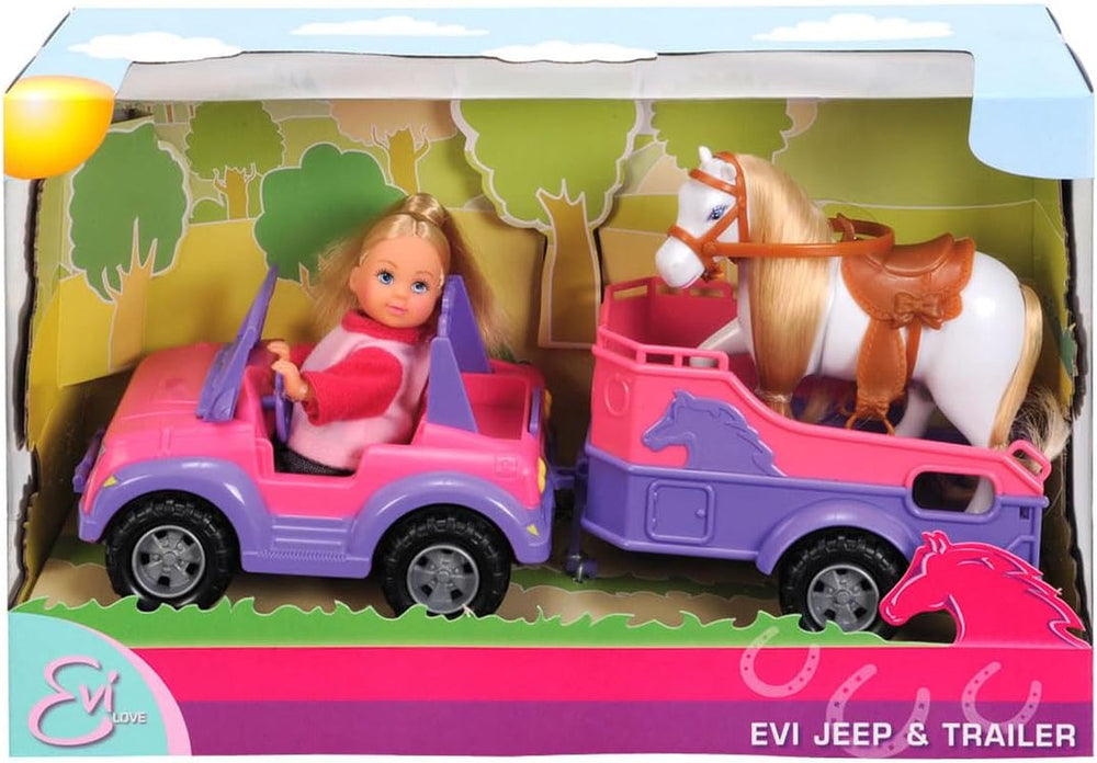 Simba 105737460 - Remorque à chevaux Evi Love Evi avec jeep rose, pendentif cheval et poney violet, poupée à habiller, 12 cm, à partir de 3 ans Poupées Naty Shop Titre par défaut