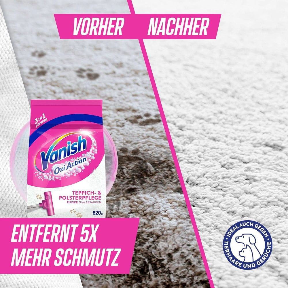Poudre nettoyante pour tapis et tissus d'ameublement Vanish Oxi Action - 1 X 820 G - Nettoie de grandes surfaces de tapis et tissus d'ameublement contre la saleté, les odeurs et la poussière Détergents à lessive Naty Shop