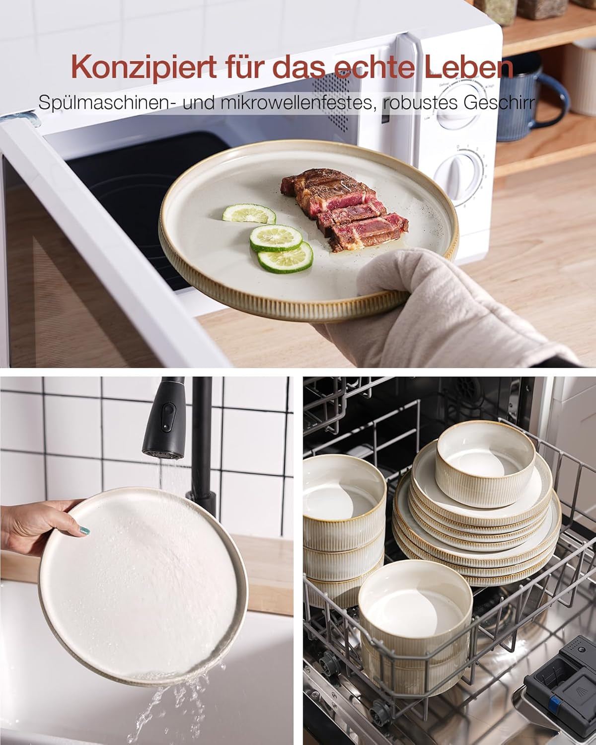 Star Service de table 18 pièces, service de table pour 6 personnes, porcelaine, résistant aux rayures, passe au micro-ondes et au lave-vaisselle, blanc cappuccino