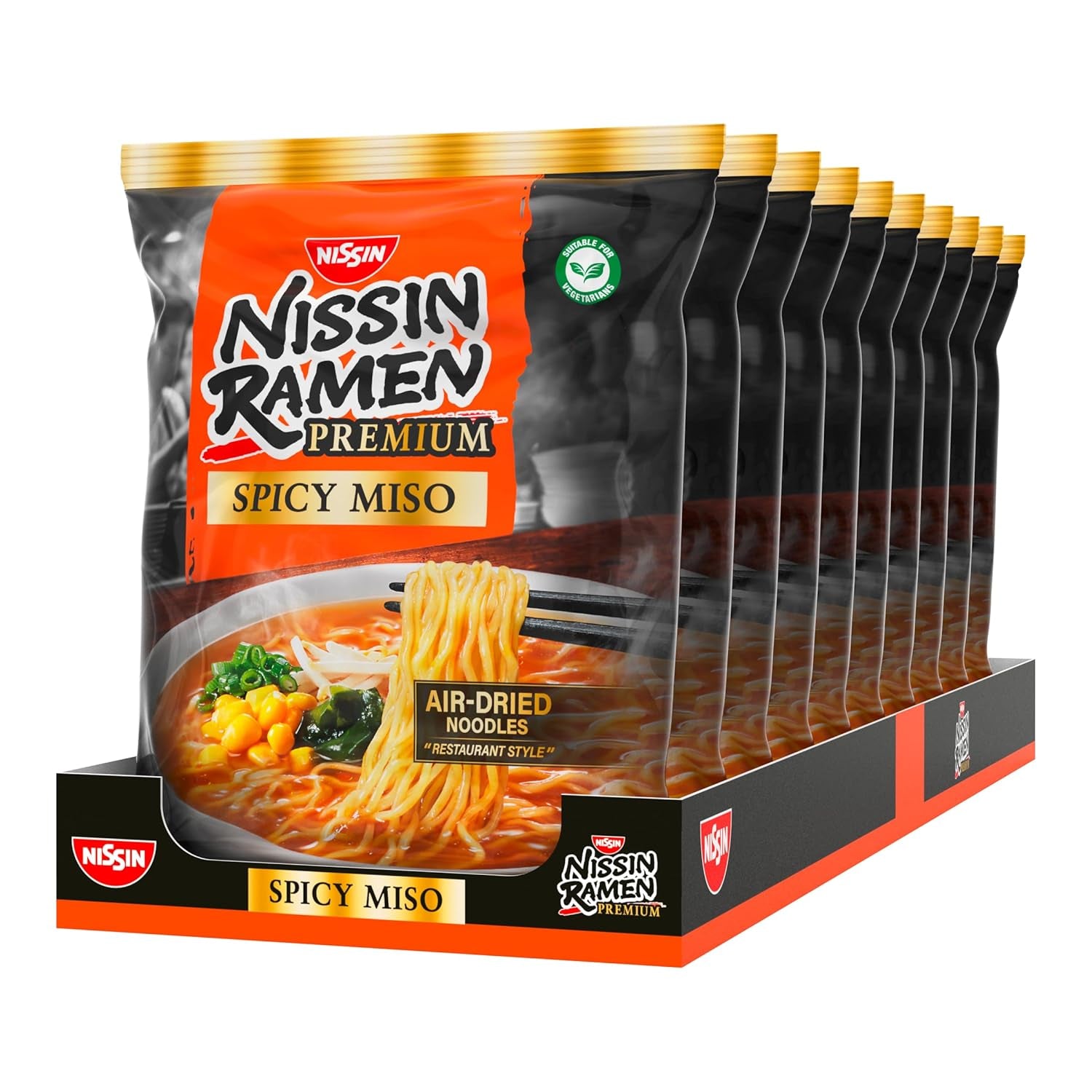 Nissin Ramen Premium - Miso Spicy 10 Pack de nouilles instantanées séchées à l'air libre de style japonais pour un ramen « style restaurant » avec une saveur légèrement épicée de miso et de flocons de wakame (10 x 90,7 g)