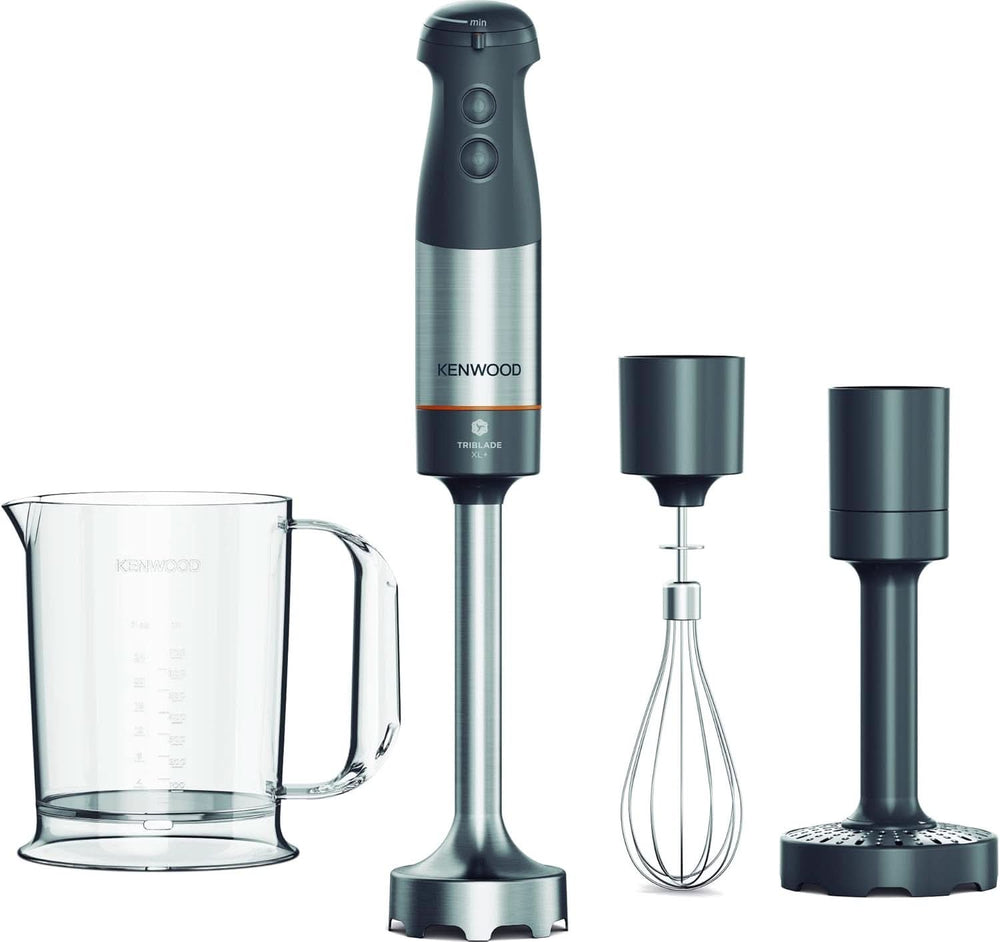 Kenwood Triblade XL Pro Stabmixer HBM80.322BK, 1200W, vitesses variables, Edelstahl(Pürierfuss), Schneebesen, Emulgieraufsatz, 500Ml Zerkleiner, 700 & 250Ml Becher, Spülmaschinenfeste Teile Bucatarie Naty Shop Grau Hbm60.007Gy