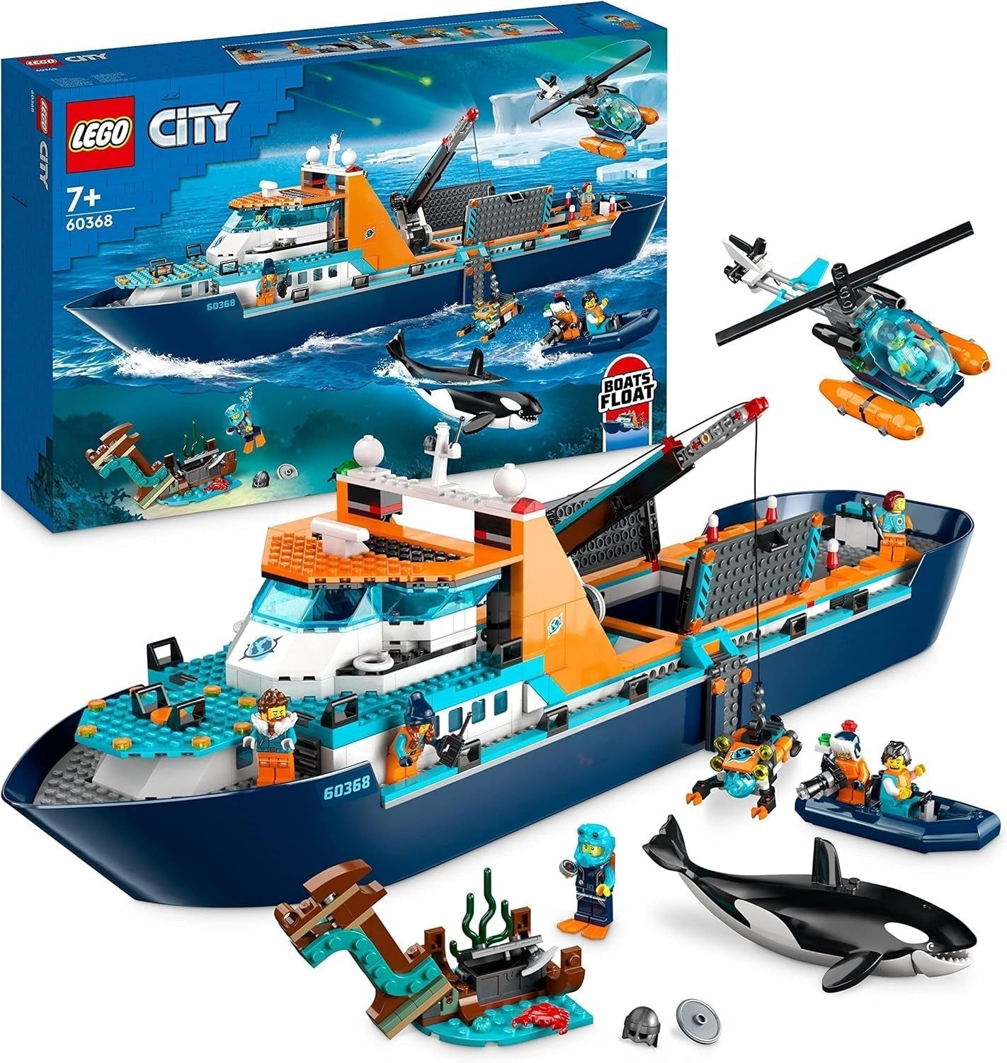 Navire de recherche arctique LEGO City, grand bateau jouet flottant avec hélicoptère, bateau gonflable, sous-marin Rov, épave viking, 7 figurines et figurine d'orque, cadeau pour enfants de 7 ans et plus 60368 Ensembles de construction Besuche den LEGO-Store Single