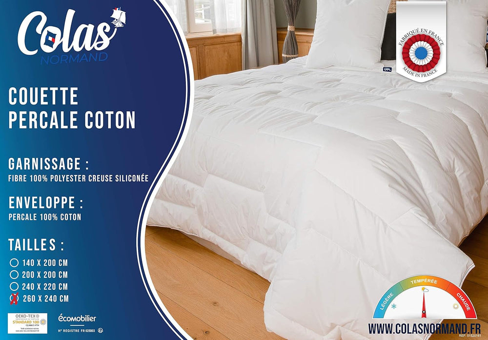COLAS NORMAND Couette Percale Coton 260 X 240 cm Haute Qualité 100% Percale Coton Doux et Confortable Durable Finition Fine Fabriqué en France Couettes et Couettes Blanc Naty Shop