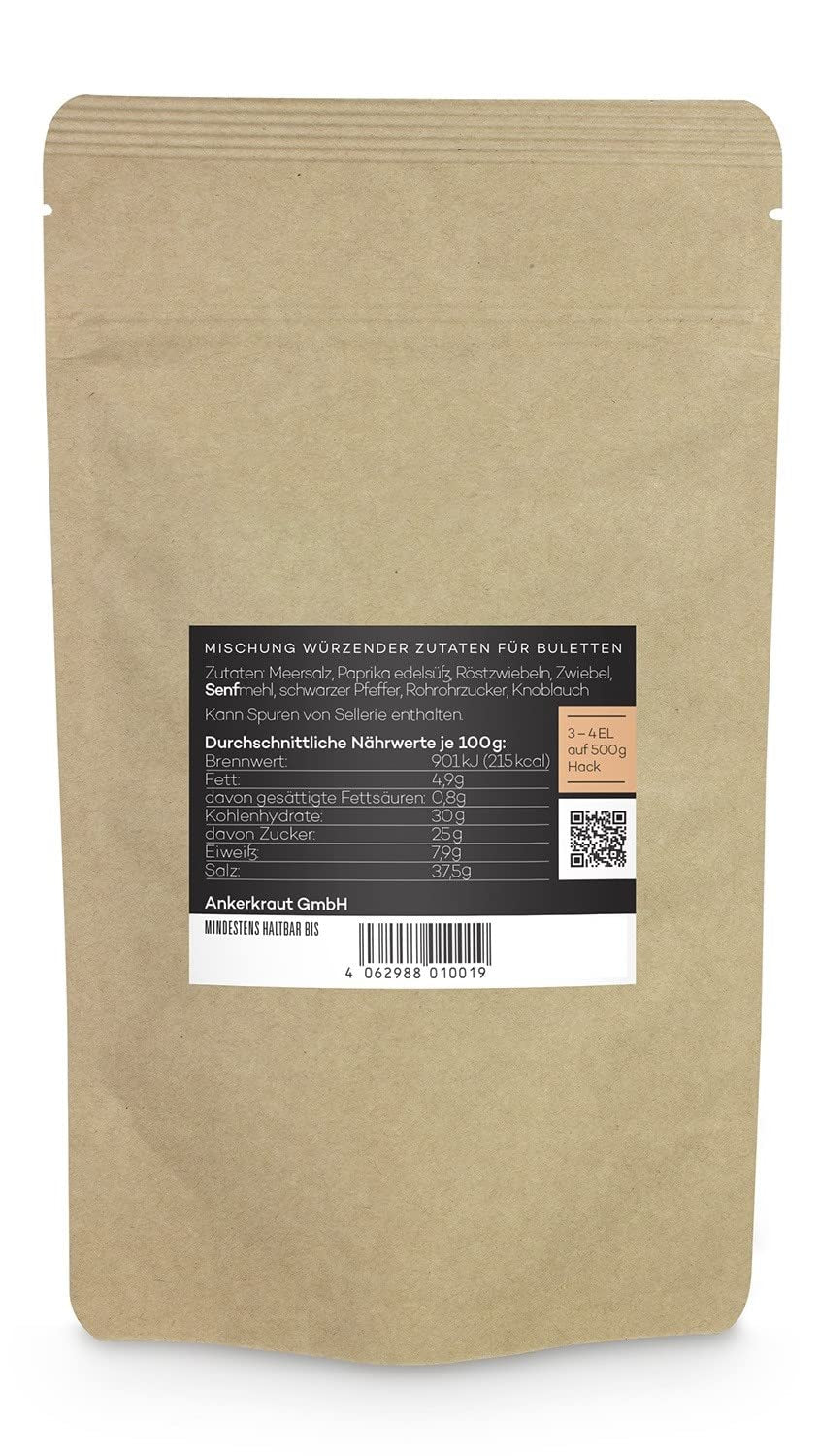Ankerkraut Buletten & Fleischpflanzerl, Gewürzmischung für Buletten und Frikadellen, 250g dans un sachet aromatique