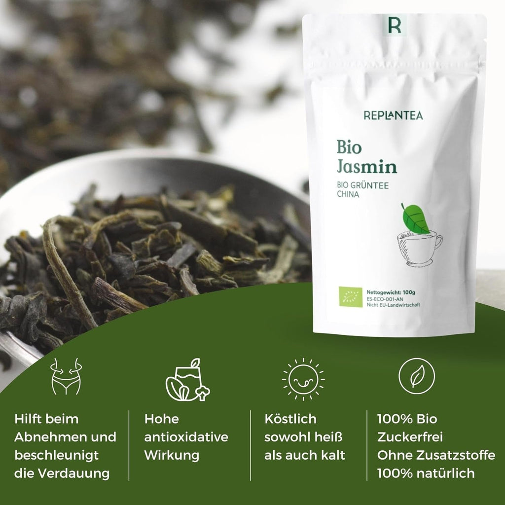 Ceai verde organic cu iasomie 100 g (50 cești) | Ceai de iasomie din China vrac, de calitate organică REPLANTEA