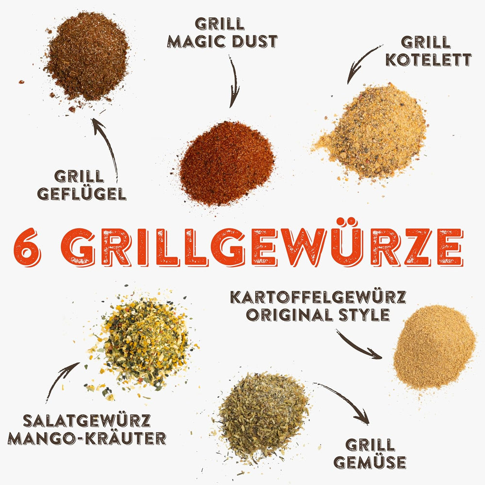 KOTÁNYI Coffret cadeau d'épices pour grillades - 6er Carrier - Cadeaux pour hommes - Grill Zubehör & Spice Set für jedes BBQ - Grill Zubehör inkl. Magic Dust - [Jetzt Geburtstagsgeschenk für Männer bestellen!]