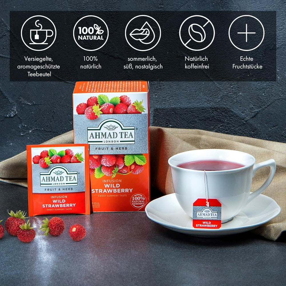 Ahmad Tea - Căpșuni sălbatice - Ceai de fructe și plante fără cofeină - Căpșuni - Pliculețe de ceai ambalate individual, cu aromă sigilată, cu 2 g de ceai per porție - 20 de pliculețe de ceai cu bandă