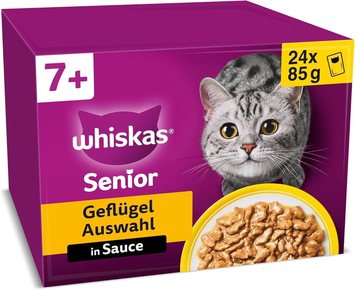 Hrană umedă Whiskas 7+ pentru pisici, selecție de păsări de curte în sos, 24 x 85 g (2 pachete) – Hrană umedă de înaltă calitate, de la 7 ani, în pliculețe cu 48 de porții