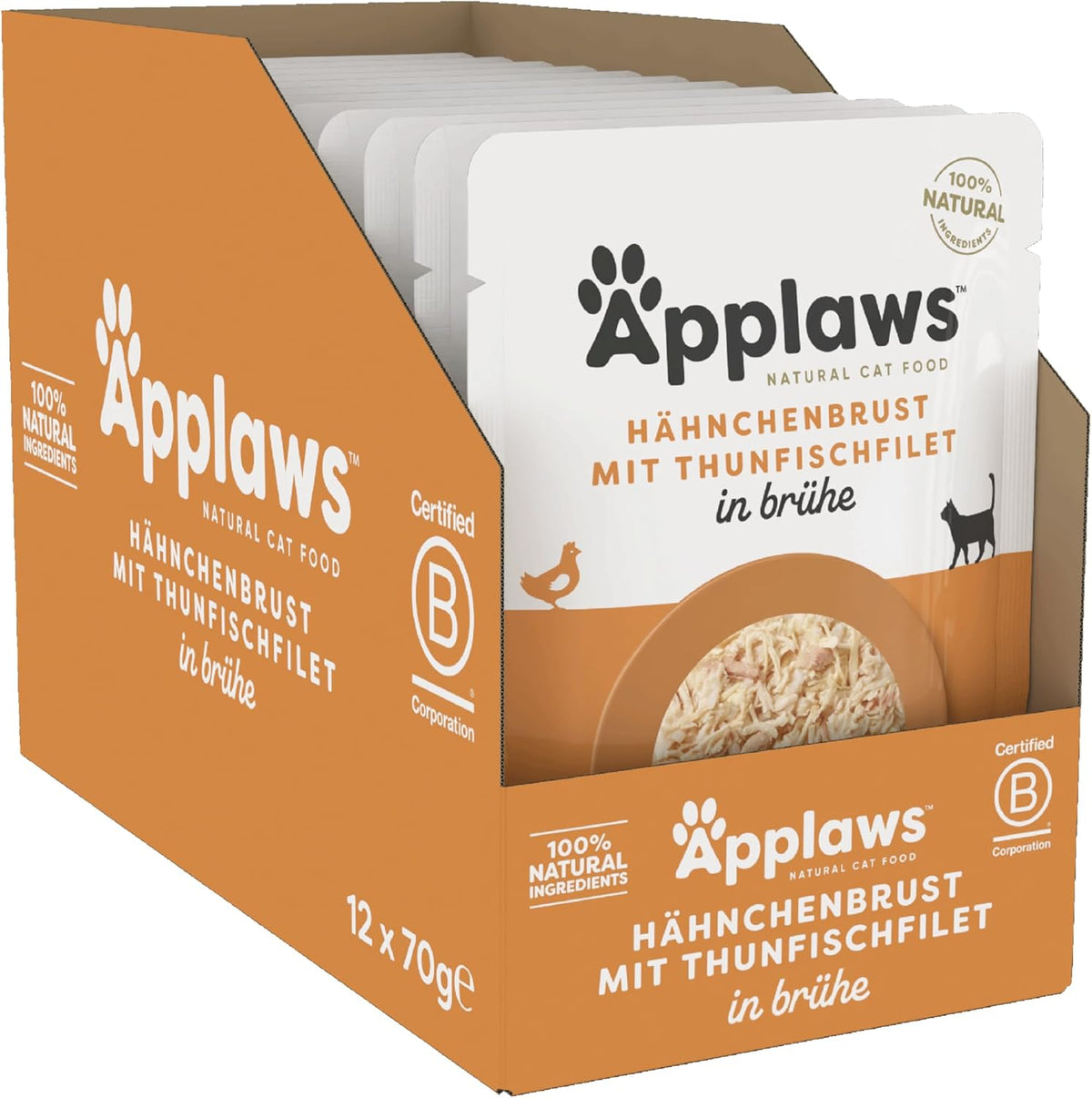 Applaws 100% Natural Nassfutter for Katzen, Hühnerbrust mit Tunfischfilet in Brühe - Packung mit 12 x 70g Beuteln