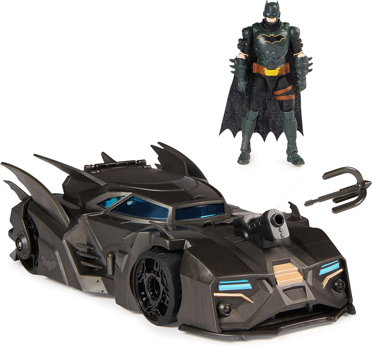 DC Comics Batman Batmobile tout-terrain avec catapulte avec grappin et cellule arrière en maille, y compris figurine Batman de 10 cm, pour les fans de super-héros à partir de 4 ans Figurines Naty Shop Single