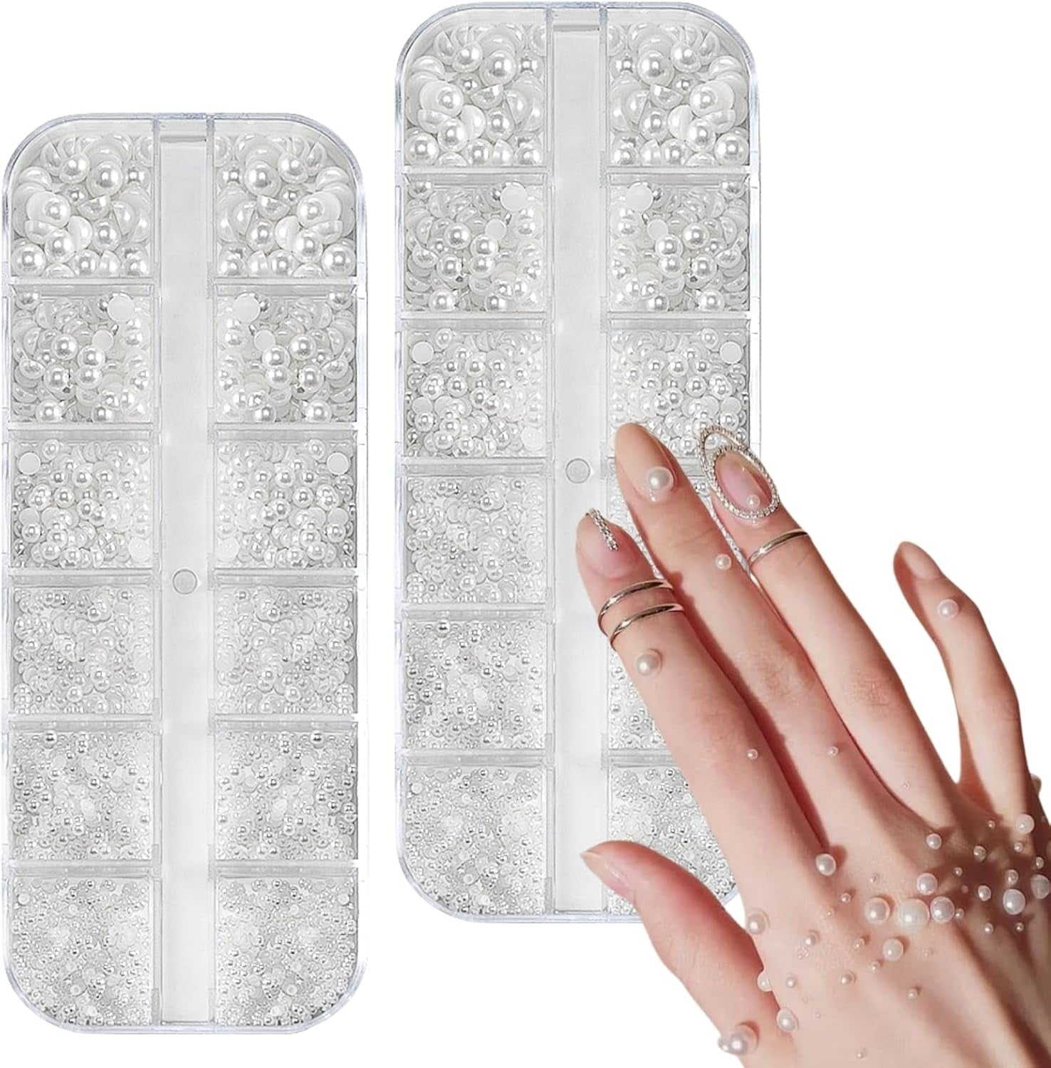 12 Größen Nail Art Perlen, Flache Perlen, Nail Art Accessoires, Halbkreis Nagelperlen, Weiße Nail Charms Und Glitzersteine ​​​​Nägel Für Nail Art Design, DIY Basteln, Alltag, Hochzeit (2 boîtes)