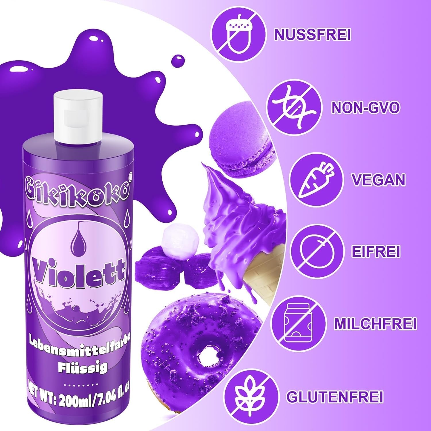 Colorant alimentaire - Gikikoko 200 ml colorant alimentaire liquide, très concentré, colorant alimentaire pour pâtisserie, macarons, gâteaux, gelée, fondant, biscuits, slime DIY (violet)
