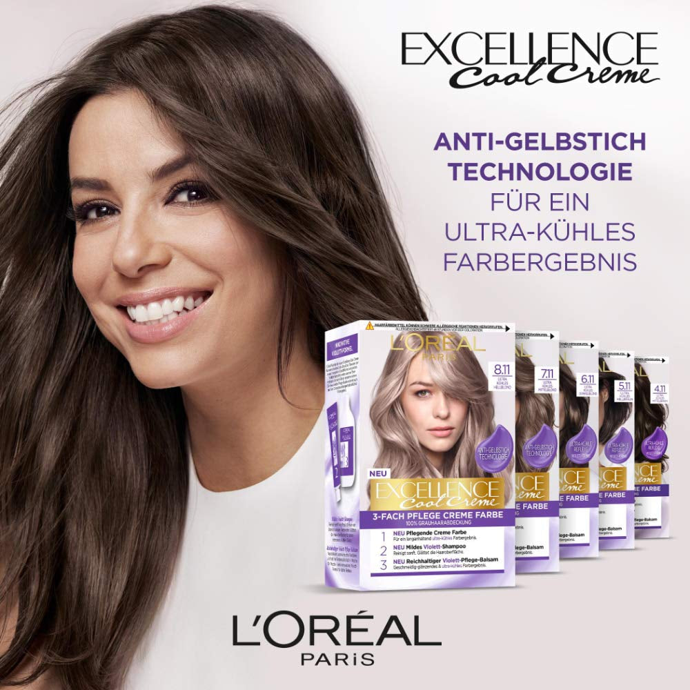 L'Oréal Paris Coloration capillaire permanente résultat couleur ultra cool, couverture 100% des cheveux gris, coffret comprenant coloration, shampoing et crème de soin, Excellence Cool Creme, N°7.11 Blond moyen ultra cool (Blond) Coloration capillaire Naty Shop