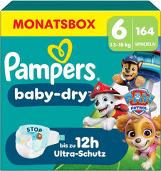 Couches Pampers Baby-Dry Puppy Patrol Edition, taille 6, 164 couches, 13 kg - 18 kg, protection contre les fuites jusqu'à 100 % et confort toute la nuit