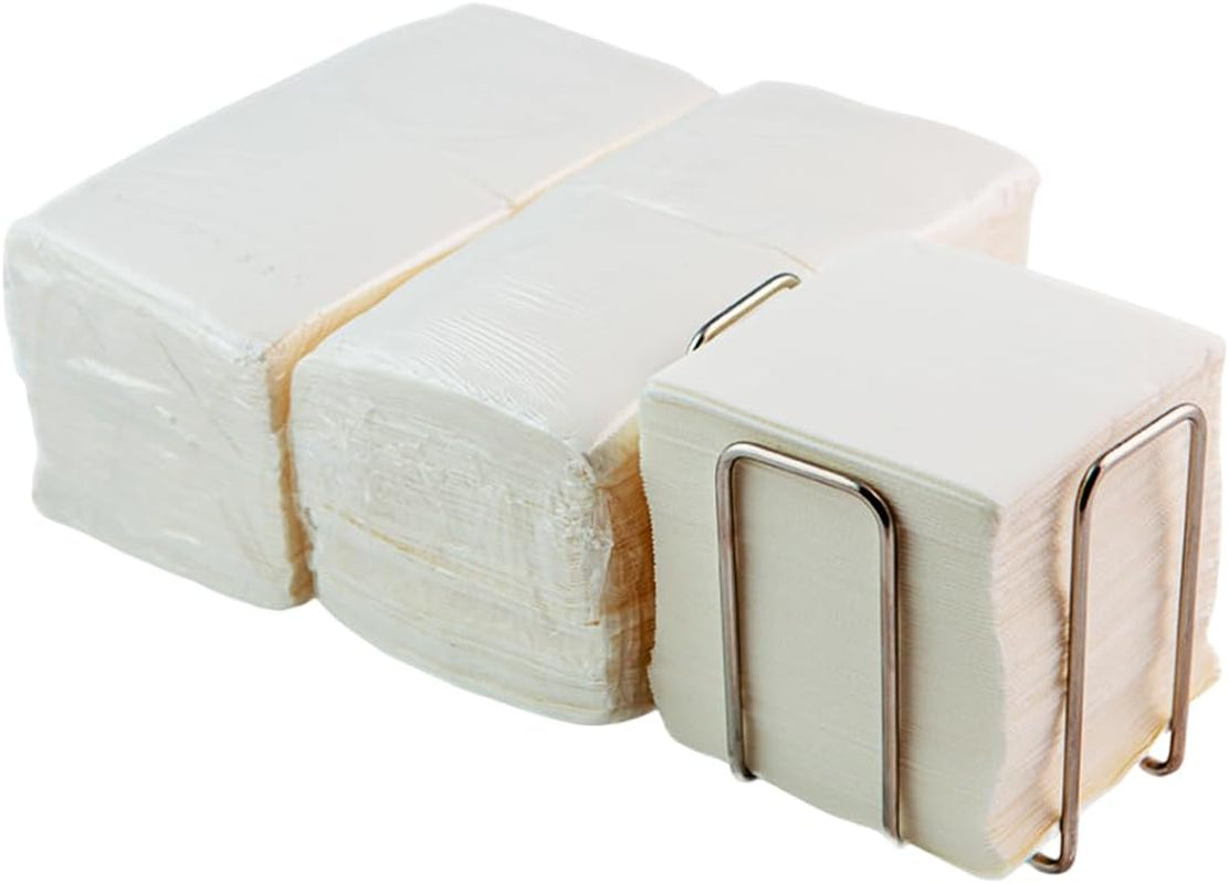 Paquet de 300 serviettes en papier cocktail blanches + porte-serviettes en acier inoxydable Texture micro-points absorbant épais 10 x 10 cm pliés ensemble