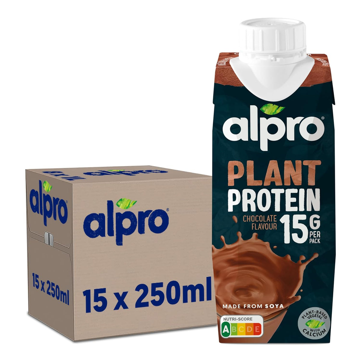 Alpro Proteindrink Schokoladengeschmack – Vegan et milchfree – Ohne Süßstoffe – Von Natur aus lactosefrei – Reich an Ballastsstoffen, Calcium et Vitaminen – 15 x 250 ml – Haltbar