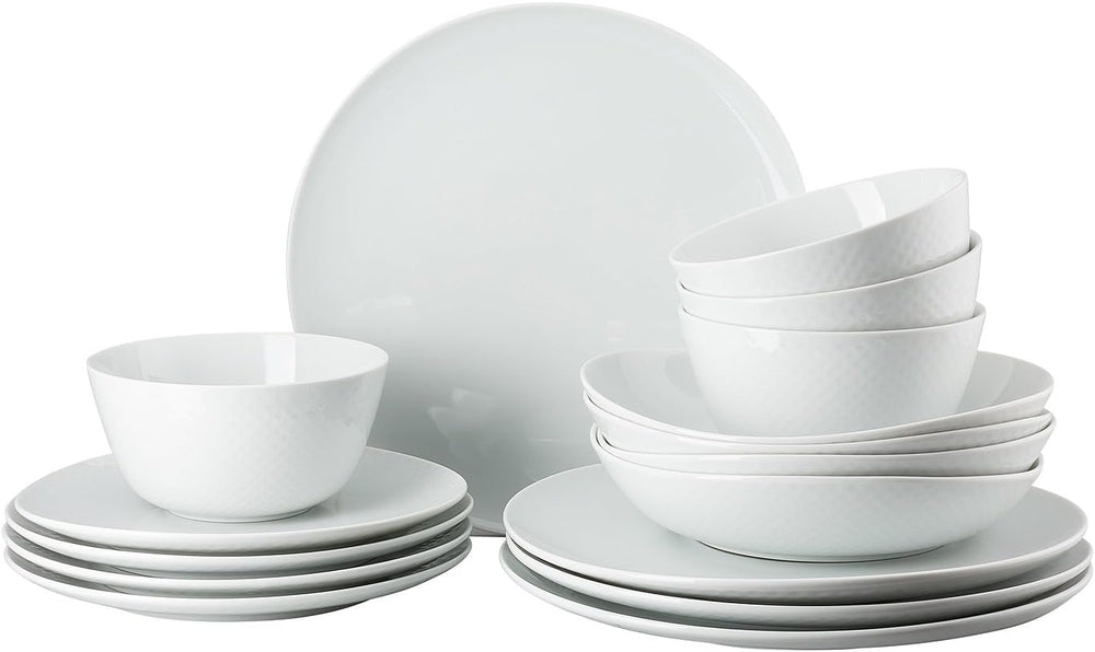 Rosenthal Junto White service de table, porcelaine, blanc, assiettes plates, assiettes plates Ø 22 cm, assiettes plates Ø 21,5 cm et bols à céréales Ø 14 cm, 0,62 l, lavable au lave-vaisselle et au micro-ondes, set pour 4