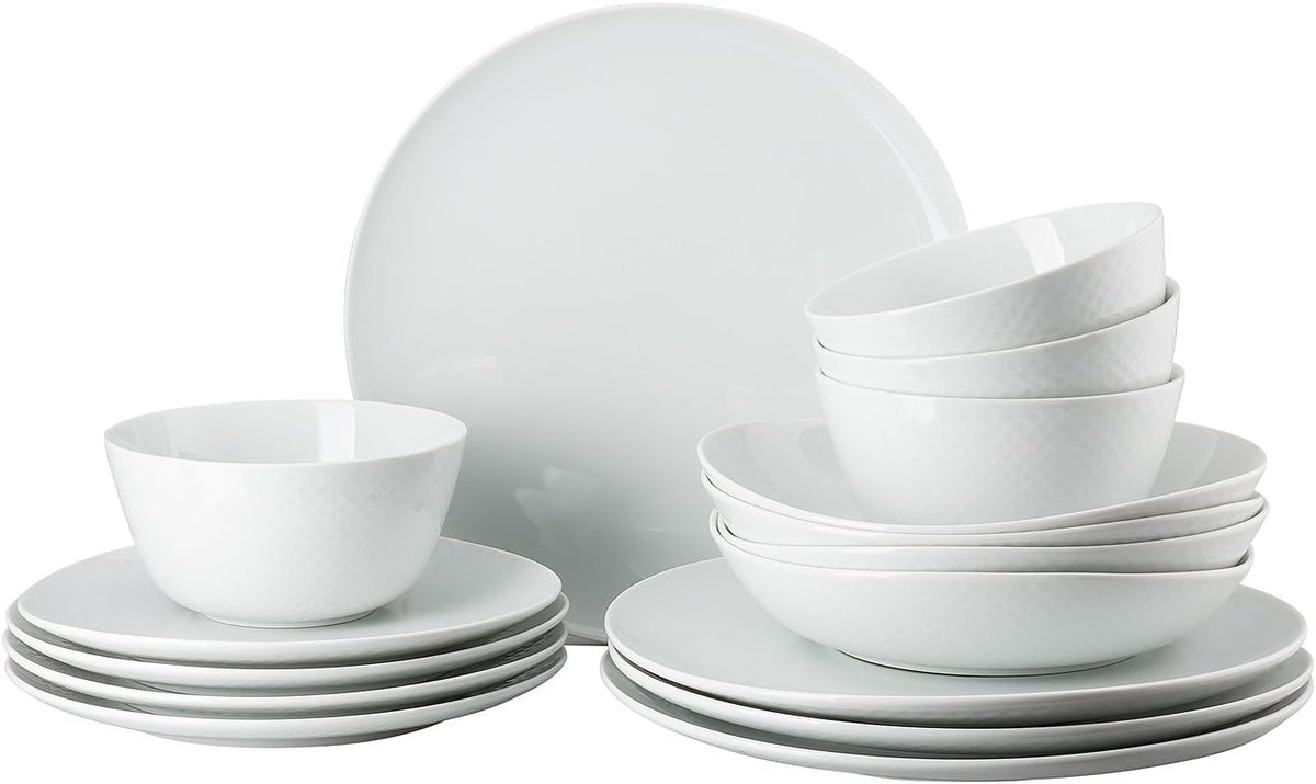 Rosenthal Junto White service de table, porcelaine, blanc, assiettes plates, assiettes plates Ø 22 cm, assiettes plates Ø 21,5 cm et bols à céréales Ø 14 cm, 0,62 l, lavable au lave-vaisselle et au micro-ondes, set pour 4