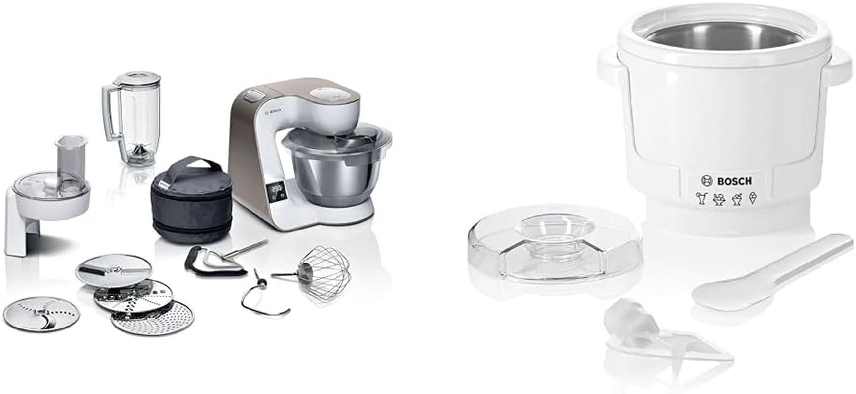 Robot culinaire Bosch Série 4 MUM5X720, balance intégrée, bol inox 3,9L, mixeur 1,25L, 1000W Accessoires Alimentation et Allaitement Bebe Naty Shop Pack avec machine à glaçons Champagne Blanc 2 accessoires