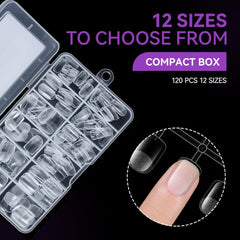 Gelike EC Lot de 120 faux ongles carrés extra courts en résine PMMA pré-polie pour femme, salon, 12 tailles