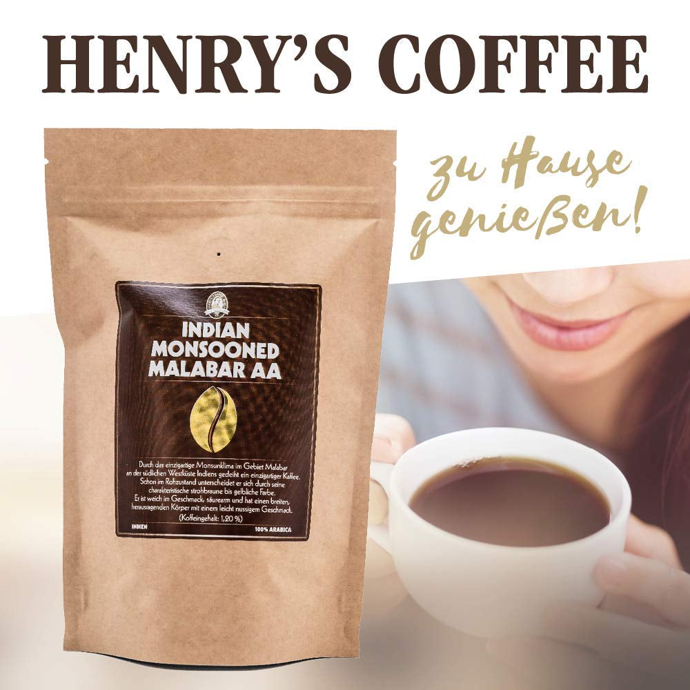 Henry's Espresso Indian Monsooned Malabar AA 1000g - erlesene Qualität - Handwerklich in Deutschland geröstet - Kaffeebohnen direkt vom Bauern