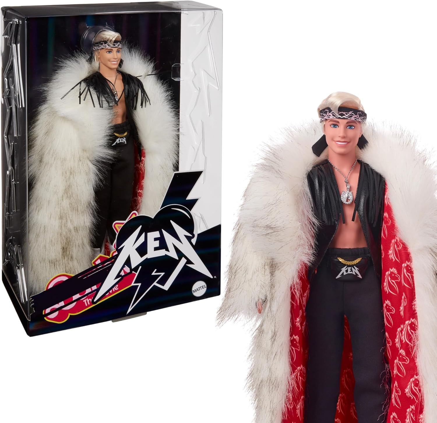 Poupée Ken de collection Barbie le film portant un grand manteau en fausse fourrure et un gilet à franges noir avec bandana, HRF31