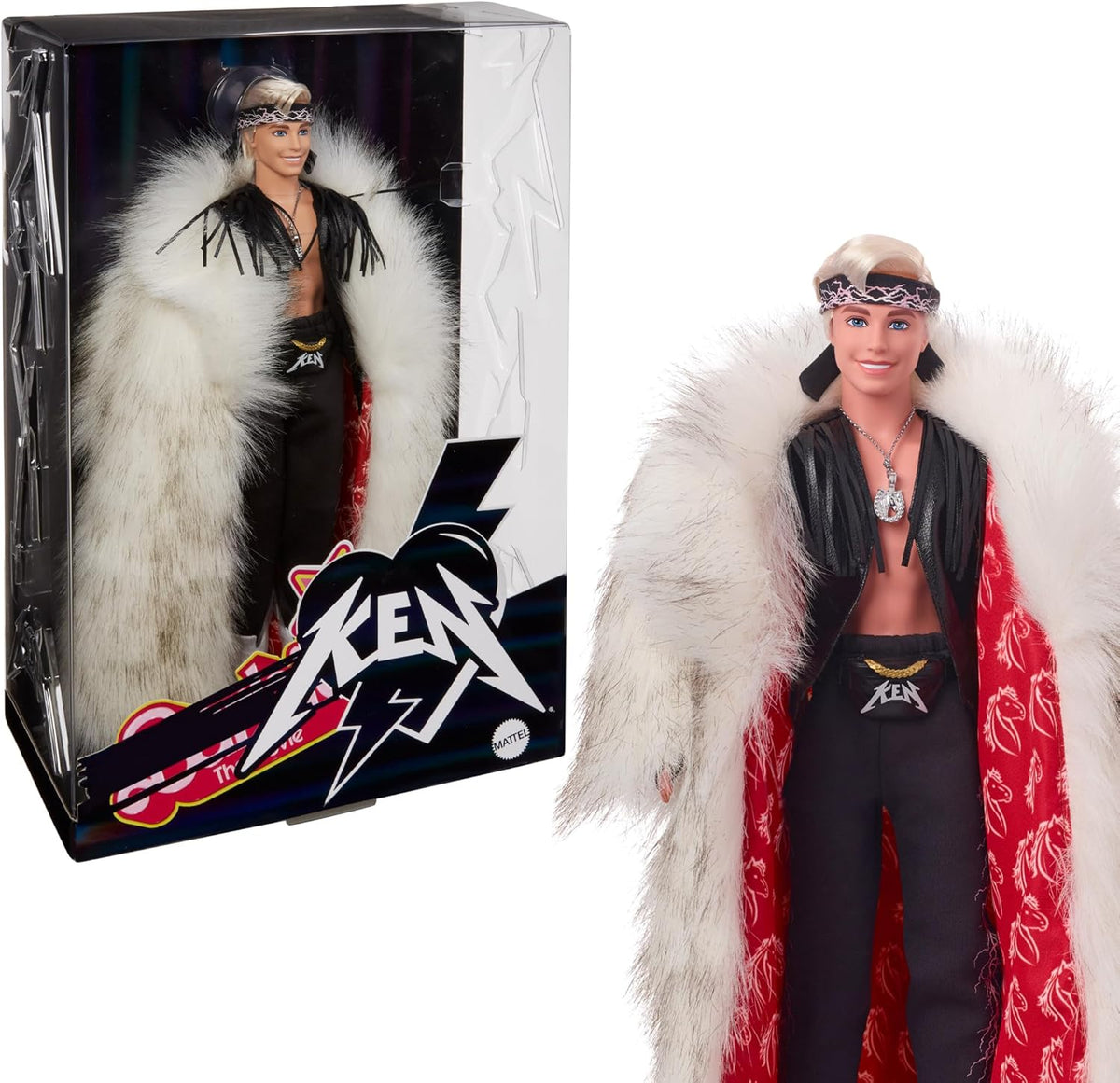 Poupée Ken de collection Barbie le film portant un grand manteau en fausse fourrure et un gilet à franges noir avec bandana, HRF31