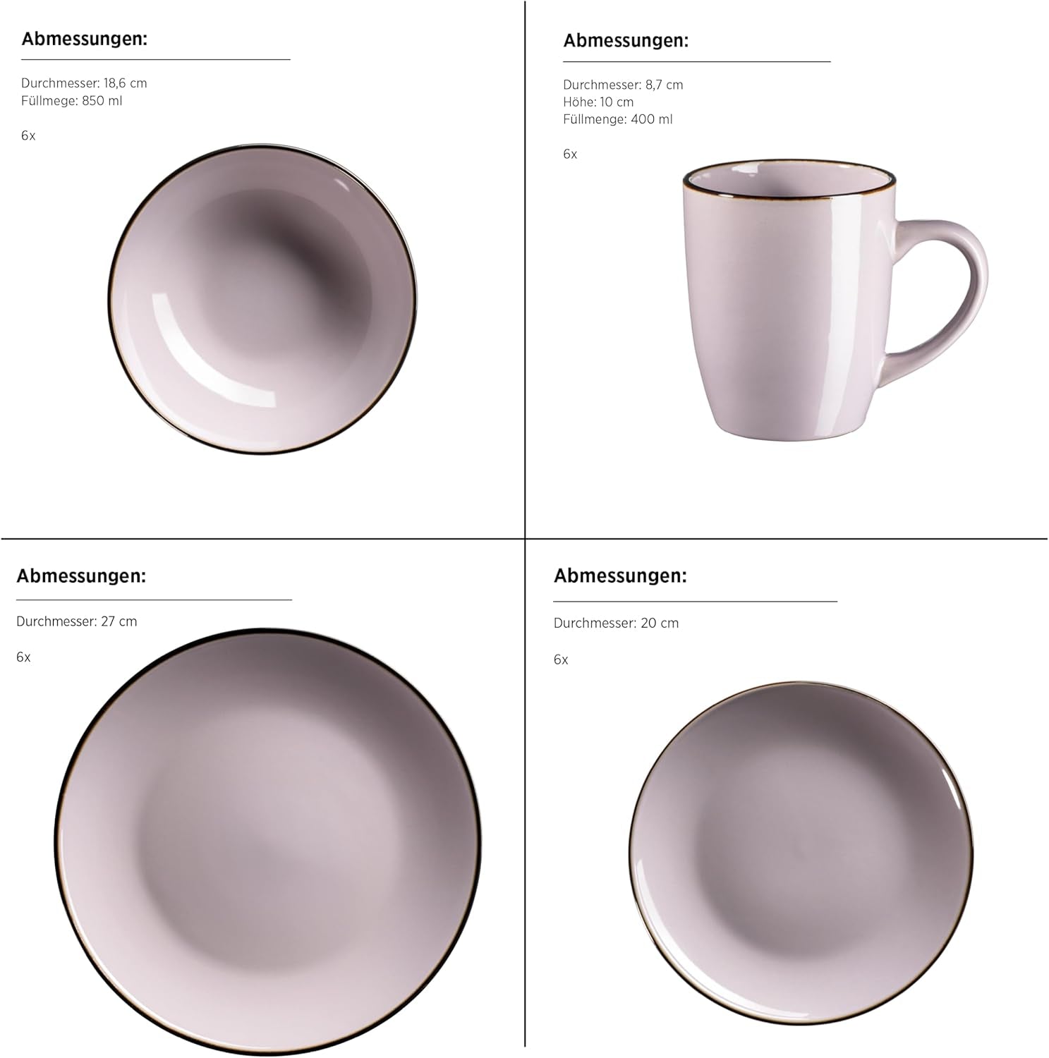 Service de table moderne pour 6 personnes avec bord en laiton, service combiné de 24 pièces en forme de tasse sans bord, lavande