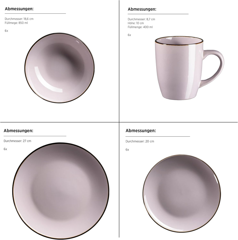 Service de table moderne pour 6 personnes avec bord en laiton, service combiné de 24 pièces en forme de tasse sans bord, lavande