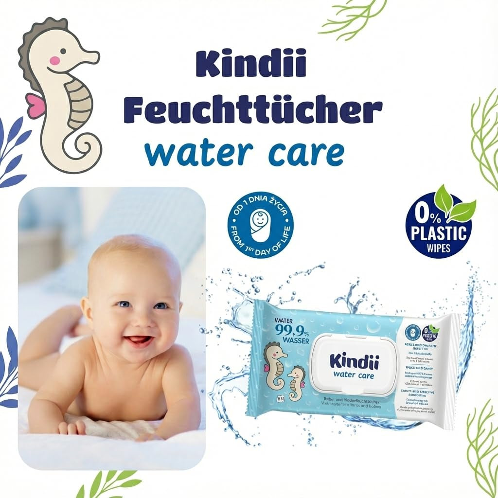 Lingettes humides Kindii Water Care - Lingettes Aqua Baby - 100 % viscose, 99,9 % eau, extrait de pamplemousse, taille écharpe 150 x 200, 100 % biodégradables, sans plastique, lingettes nettoyantes pour peaux sensibles