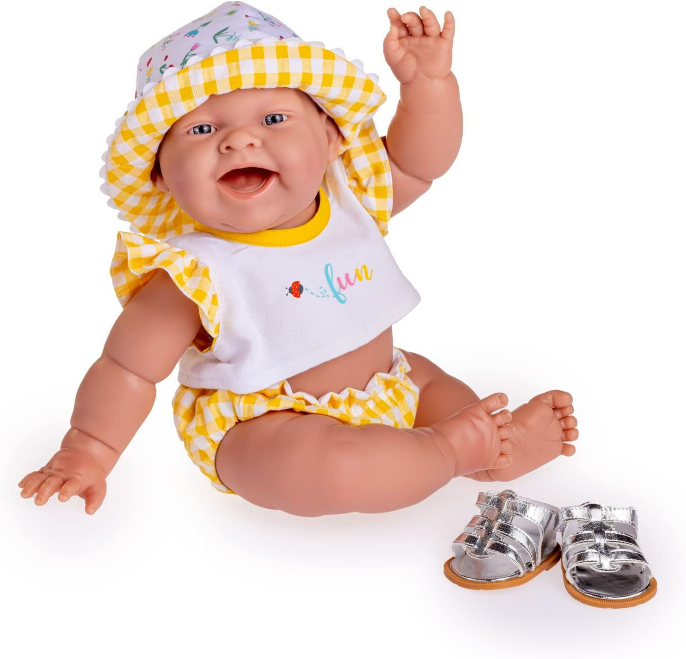 JC Toys - Poupée Lola Lemon Twist, 36 cm, vinyle souple, visage souriant, poupée assise, vêtements avec Vichy et sandales, filles, 2 ans