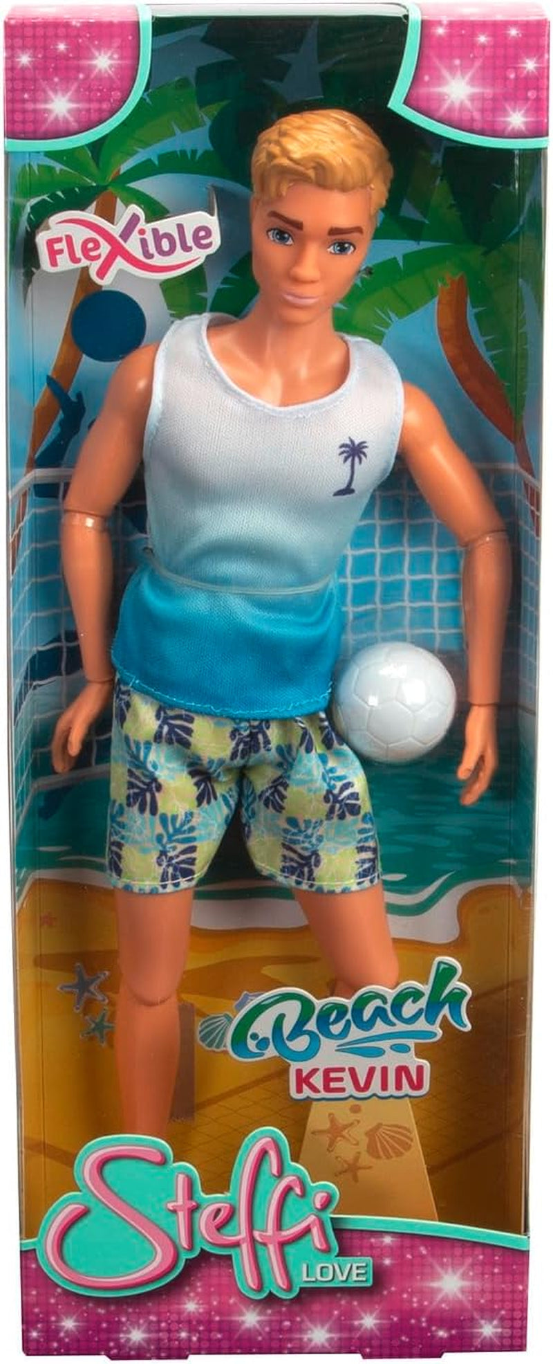 Simba Steffi Love Beach Kevin Doll, Kevin en maillot de bain avec t-shirt et volley-ball, entièrement articulée, 30 cm, à partir de 3 ans