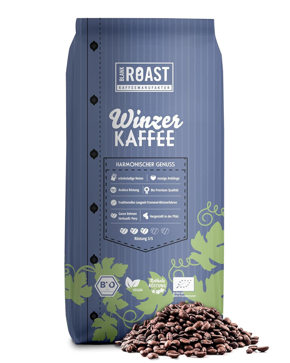 Blank Roast - BIO Winzer Kaffee 1000g - schonend mit Pfälzer Rebholz geröstet - ganze Kaffee-Bohnen au Pérou - 100% Arabica Röstung - schokoladig & nutig - säurearm